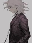  1boy ai_(meira32373165) black_jacket brown_eyes chain chained closed_mouth dangan_ronpa_(series) dangan_ronpa_2:_goodbye_despair dangan_ronpa_another_episode:_ultra_despair_girls from_side grey_background grey_hair hand_in_pocket highres jacket komaeda_nagito light_smile long_sleeves male_focus profile simple_background solo upper_body 
