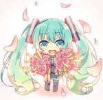  1girl aqua_eyes aqua_hair aqua_neckwear black_legwear black_skirt bouquet chibi commentary falling_petals flower full_body grey_shirt hair_ornament happy_tears harusamesyota hatsune_miku holding holding_bouquet long_hair looking_at_viewer necktie open_mouth petals pink_flower pink_rose pleated_skirt rose shirt skirt smile solo spring_onion tears thigh-highs twintails very_long_hair vocaloid white_background 