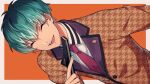  1boy :d ^_^ bangs border brown_jacket brown_suit buttons closed_eyes closed_fan collared_shirt commentary dutch_angle ear_piercing eyebrows_visible_through_hair facing_viewer fan folding_fan formal green_hair hand_up happy highres holding holding_fan houndstooth hypnosis_mic jacket lapel_pin male_focus necktie nurude_sasara open_mouth orange_background outside_border piercing pink_neckwear sayshownen shirt short_hair simple_background smile solo suit twitter_username upper_body watermark white_border white_shirt 