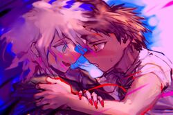  2boys absurdres ahoge blush brown_eyes brown_hair crazy_eyes cross_neko crying crying_with_eyes_open dangan_ronpa_(series) dangan_ronpa_2:_goodbye_despair eye_contact face-to-face fingernails green_jacket grey_hair highres hinata_hajime hood hood_down hooded_jacket jacket komaeda_nagito long_fingernails looking_at_another male_focus multiple_boys open_clothes open_jacket open_mouth red_nails ribbon shirt short_hair short_sleeves shoulder_grab sketch smile spiky_hair tears teeth white_hair white_shirt 