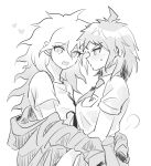  2girls :d ahoge bangs breast_pocket breasts coat collared_shirt commentary_request dangan_ronpa_(series) dangan_ronpa_2:_goodbye_despair from_side genderswap genderswap_(mtf) greyscale heart highres hinata_hajime kayada_(kyd_kxh) komaeda_nagito long_hair long_sleeves looking_at_another medium_breasts medium_hair messy_hair monochrome multiple_girls necktie off_shoulder open_mouth pocket print_shirt profile shirt shirt_tucked_in short_sleeves sketch skirt smile upper_teeth v-shaped_eyebrows yuri 