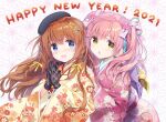  2021 2girls :d bangs beret black_gloves black_headwear blue_eyes blush braid brown_eyes brown_hair brown_kimono commentary_request eyebrows_visible_through_hair floral_print gloves hair_between_eyes hair_ornament hair_ribbon happy_new_year hat highres japanese_clothes kimishima_ao kimono long_hair long_sleeves looking_at_viewer multiple_girls new_year obi open_mouth original pink_hair print_kimono red_kimono ribbon sash smile star_(symbol) star_hair_ornament tilted_headwear twintails very_long_hair wide_sleeves yellow_ribbon 