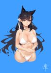  1girl absurdres animal_ears atago_(azur_lane) azur_lane bikini black_hair blue_background breasts brown_eyes choker extra_ears eyebrows_visible_through_hair hair_behind_ear hair_ribbon highres large_breasts long_hair looking_at_viewer nagi-kaze ribbon simple_background solo swimsuit white_bikini white_choker white_ribbon 