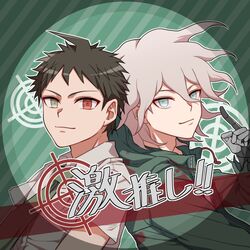  2boys ahoge brown_eyes brown_hair coat collared_shirt commentary_request dangan_ronpa_(series) dangan_ronpa_2:_goodbye_despair diagonal_stripes green_coat green_neckwear grey_eyes grey_hair hand_up heterochromia highres hinata_hajime komaeda_nagito looking_at_viewer male_focus mechanical_arm medium_hair multiple_boys necktie red_eyes shaguo shirt short_hair smile striped striped_background translation_request upper_body 