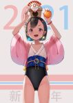  1girl 2021 :d arms_up bangs black_hair black_leotard collarbone commentary_request earrings eyebrows_visible_through_hair food fruit glowing hair_ornament hairclip highres japanese_clothes jewelry kagami_mochi kimono leotard liclac mandarin_orange new_year obi open_mouth original red_eyes sash short_hair short_sleeves smile solo standing translation_request white_kimono wide_sleeves yukata 