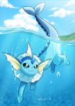  :3 air_bubble black_eyes blue_sky blue_theme bubble closed_mouth clouds cloudy_sky commentary_request creature day enishi_(menkura-rin10) full_body gen_1_pokemon happy highres no_humans outdoors partially_submerged pokemon pokemon_(creature) signature sky smile solo swimming vaporeon 
