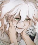  2boys bangs close-up commentary_request dangan_ronpa_(series) dangan_ronpa_2:_goodbye_despair face fang green_eyes grey_hair half-closed_eyes hands_on_another&#039;s_face komaeda_nagito male_focus mechanical_arm medium_hair messy_hair multiple_boys ppap_(11zhakdpek19) saliva shirt solo_focus tearing_up white_shirt 