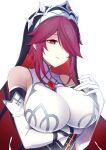  1girl bare_shoulders breast_hold breasts genshin_impact gloves hair_over_one_eye half-closed_eye highres large_breasts looking_at_viewer purple_hair rosaria_(genshin_impact) simple_background solo upper_body veil violet_eyes white_background xiaodi 