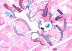  blue_eyes commentary_request enishi_(menkura-rin10) fangs gen_6_pokemon highres no_humans open_mouth paws petals pokemon pokemon_(creature) signature smile solo sylveon toes tongue 