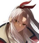  1boy amakusa_shirou_(fate) brown_eyes dark_skin dark_skinned_male ear_piercing fate/apocrypha fate_(series) head_tilt light_smile long_hair looking_at_viewer male_focus piercing simple_background solo tied_hair vanpiru_jun very_long_hair white_background white_hair 