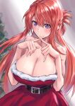  1girl aqua_eyes bangs bare_arms bare_shoulders belt belt_buckle blurry blurry_background blush breasts buckle christmas_tree collarbone commentary dress eyebrows_visible_through_hair fingers fingers_together folded_ponytail hair_between_eyes half_updo hands_up high_belt highres large_breasts long_hair looking_away low_neckline multicolored multicolored_eyes no_mouth original red_dress redhead sakazuki_sudama santa_costume sidelocks sleeveless sleeveless_dress solo strapless strapless_dress upper_body violet_eyes 