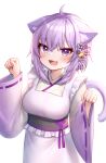  1girl :3 :d ahoge animal_ears blush breasts cat_ears cat_tail deaver eyebrows_visible_through_hair fang flower hair_flower hair_ornament highres hololive japanese_clothes kimono large_breasts nekomata_okayu obi open_mouth paw_pose purple_hair sash simple_background smile solo tail violet_eyes virtual_youtuber white_background wide_sleeves 
