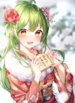  1girl :d ahoge bangs blurry blurry_background blush breath character_request copyright_request eyebrows_visible_through_hair fingernails floral_print flower green_hair hair_between_eyes hair_flower hair_ornament happy_new_year highres japanese_clothes kimono long_hair looking_at_viewer new_year open_mouth smile solo ttopang upper_body wide_sleeves yellow_eyes 