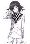  1boy absurdres arm_at_side bangs black_hair checkered checkered_scarf commentary_request cowboy_shot cropped_legs dangan_ronpa_(series) dangan_ronpa_v3:_killing_harmony double-breasted eyebrows_visible_through_hair grey_background hand_up highres jacket long_sleeves looking_at_viewer male_focus medium_hair multicolored_hair ouma_kokichi pants purple_hair scarf simple_background smile solo songmil straitjacket violet_eyes white_background white_jacket white_pants 