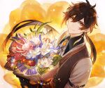  1boy absurdres artist_request birthday black_gloves black_hair bouquet brown_hair flower genshin_impact gloves gradient_hair hair_between_eyes highres holding holding_bouquet jacket jewelry long_hair male_focus multicolored_hair official_art ponytail single_earring smile solo upper_body yellow_eyes zhongli_(genshin_impact) 