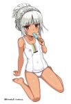  1girl altera_(fate) bangs benitsuki_tsubasa blunt_bangs dark_skin dark-skinned_female eating eyebrows_visible_through_hair fate/extella fate/extra fate_(series) flat_chest food looking_at_viewer one-piece_swimsuit popsicle red_eyes short_hair simple_background sitting solo swimsuit twitter_username wariza white_background white_hair white_swimsuit 