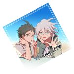  2boys :d ahoge brown_hair cocktail_glass collared_shirt commentary_request cup dangan_ronpa_(series) dangan_ronpa_2:_goodbye_despair drinking drinking_glass drinking_straw green_eyes green_jacket green_neckwear grey_eyes grey_hair grey_shirt hair_between_eyes hand_on_own_cheek hand_on_own_face hands_up heart hinata_hajime jacket komaeda_nagito looking_at_viewer male_focus multiple_boys necktie open_mouth shaguo shirt short_hair smile upper_body white_background 