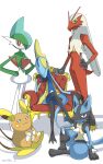  alolan_form alolan_raichu blaziken blue_eyes brown_eyes closed_mouth creature enishi_(menkura-rin10) expressionless gallade gen_3_pokemon gen_4_pokemon gen_7_pokemon gen_8_pokemon highres inteleon looking_at_viewer lucario no_humans pokemon pokemon_(creature) signature simple_background sitting smile standing white_background yellow_eyes 