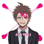  1boy ahoge bangs black_jacket black_neckwear blood blood_on_face brown_eyes brown_hair collared_shirt commentary_request dangan_ronpa_(series) dangan_ronpa_3_(anime) hinata_hajime jacket male_focus necktie open_mouth pink_blood portrait red_eyes shaguo shirt short_hair smile solo stitches teeth translation_request white_background white_shirt 