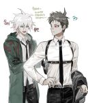  2boys ?? ahoge alternate_costume belt black_gloves black_neckwear black_pants brown_eyes brown_hair chest_harness coat collared_shirt commentary_request cowboy_shot crossed_arms dangan_ronpa_(series) dangan_ronpa_2:_goodbye_despair gloves green_coat gun hair_between_eyes handgun harness hinata_hajime holding holding_clothes holding_jacket holstered_weapon hood hood_down hooded_coat jacket komaeda_nagito long_sleeves looking_at_another looking_back male_focus multiple_boys necktie open_mouth pants pistol ppap_(11zhakdpek19) red_eyes shiny shiny_hair shirt shirt_tucked_in short_hair silver_hair translation_request weapon white_background 