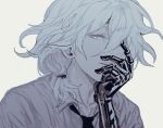  1boy ai_(meira32373165) alternate_costume black_neckwear collarbone commentary_request dangan_ronpa_(series) dangan_ronpa_another_episode:_ultra_despair_girls grey_hair grey_shirt hair_between_eyes hand_on_own_face komaeda_nagito looking_at_viewer male_focus mechanical_arm medium_hair necktie pale_skin shirt short_ponytail simple_background solo white_background 