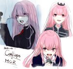  1girl alternate_costume bangs blunt_bangs collared_shirt eyebrows_visible_through_hair formal haruno_(hal869_) highres holding holding_microphone hololive hololive_english looking_to_the_side microphone mori_calliope multiple_views music my_chemical_romance open_mouth pink_eyes pink_hair rain red_neckwear shirt singing suit tiara veil virtual_youtuber 