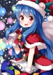  1girl bag bangs bell belt black_belt blue_hair blue_skirt blurry blurry_background capelet christmas christmas_lights cowboy_shot eyebrows_visible_through_hair food frilled_skirt frills fruit gloves hair_between_eyes hat highres hinanawi_tenshi holding holding_bag long_hair looking_at_viewer open_mouth peach pom_pom_(clothes) rainbow_order red_capelet red_eyes red_gloves red_headwear ruu_(tksymkw) santa_costume santa_hat skirt smile snowing solo standing touhou 