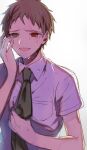  1boy brown_eyes brown_hair collared_shirt commentary_request crying crying_with_eyes_open dangan_ronpa_(series) dangan_ronpa_2:_goodbye_despair green_neckwear hand_up highres hinata_hajime looking_at_viewer male_focus miyuzu necktie necktie_grab neckwear_grab open_mouth red_eyes shirt short_hair short_sleeves simple_background smile solo tears upper_body white_shirt 