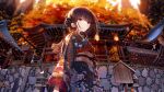  1girl absurdres atha_(leejuiping) autumn_leaves bangs black_eyes black_hair blurry blurry_background hair_ornament highres japanese_clothes kimono looking_at_viewer original outdoors profile short_hair solo sunset wind 