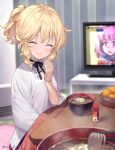  1girl ^_^ bangs blonde_hair blurry blurry_background bowl bracelet chopsticks closed_eyes commentary_request facing_viewer food fruit idolmaster idolmaster_cinderella_girls indoors jewelry kotatsu mandarin_orange matanonki noodles pov ring sakurai_momoka short_hair short_ponytail smile solo_focus steam table television twitter_username wedding_band yumemi_riamu 