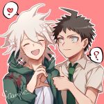  2boys :d ? ahoge bangs brown_eyes brown_hair closed_eyes coat commentary_request dangan_ronpa_(series) dangan_ronpa_2:_goodbye_despair green_coat green_neckwear grey_hair heart heart_hand_thumb_up_duo hinata_hajime hooded_coat komaeda_nagito looking_at_another male_focus medium_hair meme multiple_boys necktie open_clothes open_coat open_mouth outline pink_background shaguo shirt short_hair simple_background smile sparkle speech_bubble spoken_heart spoken_question_mark thumbs_up upper_teeth white_outline white_shirt 