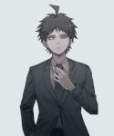  1boy adjusting_clothes adjusting_necktie ahoge ai_(meira32373165) brown_eyes closed_mouth collared_shirt commentary_request dangan_ronpa_(series) dangan_ronpa_3_(anime) formal greyscale hand_in_pocket hand_up highres hinata_hajime jacket long_sleeves looking_at_viewer male_focus monochrome necktie official_alternate_costume pants red_eyes shirt short_hair solo spiky_hair spot_color upper_body 
