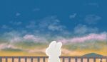  :d animated ayu_(mog) blue_sky blush clouds cloudy_sky gradient_sky looking_at_viewer no_humans open_mouth original outdoors rabbit railing sky smile solo star_(sky) turning_head waving wide_shot yellow_sky 