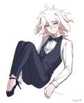  1boy absurdres animal_ears artist_name bangs black_bow black_neckwear black_pants black_vest bow bowtie closed_mouth collared_shirt commentary_request dangan_ronpa_(series) dangan_ronpa_2:_goodbye_despair full_body grey_background hair_between_eyes high_heels highres knees_up komaeda_nagito long_sleeves looking_at_viewer male_focus pants rabbit_ears shirt shoes simple_background smile solo songmil vest white_hair white_shirt 
