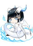  1boy adapted_costume bangs black_hair blue_eyes blue_fire bruno_buccellati chibi closed_mouth colored_inner_hair commentary dragon_boy dragon_horns dragon_tail dragon_wings eyebrows_visible_through_hair fire full_body hair_ornament horns jojo_no_kimyou_na_bouken kemonomimi_mode long_sleeves looking_at_viewer looking_back male_focus multicolored_hair short_hair simple_background sitting solo symbol_commentary tail tiyi_(tiyi_a09) two-tone_hair vento_aureo white_background white_horns white_tail white_wings wings 