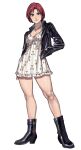  1girl bare_legs black_footwear black_jacket bomber_jacket boots breasts cherry_print commentary dress english_commentary food_print full_body han_soo-min_(hanny) hand_in_pocket hanny_(uirusu_chan) highres jacket jewelry leather leather_boots leather_jacket long_legs necklace original print_dress redhead short_dress short_hair small_breasts solo standing tomboy white_background 