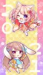  2021 2girls :d ;d animal_ears blue_kimono blush braid brown_hair bunny_girl bunny_tail cat_ears cat_tail checkered checkered_background chibi commentary_request floral_background floral_print hagoita hair_ornament hair_ribbon hairclip hane_(hanetsuki) hanetsuki happy_new_year highres holding japanese_clothes kimono long_hair multiple_girls new_year one_eye_closed open_mouth original paddle print_kimono rabbit_ears red_kimono red_ribbon ribbon ryuuka_sane smile socks standing standing_on_one_leg tail thigh-highs twin_braids very_long_hair violet_eyes white_legwear 