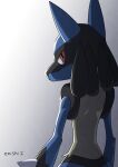  commentary_request enishi_(menkura-rin10) furry gen_4_pokemon gradient gradient_background highres looking_at_viewer looking_back lucario pokemon pokemon_(creature) red_eyes signature spikes yellow_fur 