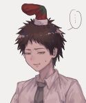  ... 1boy ai_(meira32373165) bangs brown_eyes brown_hair christmas_stocking collared_shirt commentary_request dangan_ronpa_(series) dangan_ronpa_2:_goodbye_despair grey_background highres hinata_hajime male_focus necktie open_mouth portrait red_legwear shirt short_hair simple_background sketch socks_removed solo spoken_ellipsis sweatdrop upper_body upper_teeth 