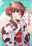  1girl ;d absurdres animal_ears animal_print blush brown_eyes brown_hair chinese_zodiac commentary_request cow_ears cow_horns cow_print eyebrows_visible_through_hair flower hair_flower hair_ornament happy_new_year highres horns japanese_clothes kimono looking_at_viewer new_year one_eye_closed open_mouth original short_hair smile solo wide_sleeves year_of_the_ox yukiunag1 