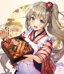  1girl absurdres apron bangs brown_hair commentary_request eyebrows_visible_through_hair flower food green_eyes hair_flower hair_ornament highres holding holding_food japanese_clothes juubako kimono long_hair looking_at_viewer lotus_root mochi new_year nonomaro original osechi prawn sidelocks signature smile solo striped striped_kimono twintails upper_body upper_teeth wide_sleeves 