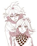  2boys argyle blush checkered checkered_scarf commentary_request dangan_ronpa_(series) dangan_ronpa_2:_goodbye_despair dangan_ronpa_v3:_killing_harmony greyscale hair_between_eyes hand_on_another&#039;s_head jacket komaeda_nagito long_sleeves looking_at_another looking_at_viewer male_focus medium_hair messy_hair monochrome multiple_boys open_mouth ouma_kokichi parted_lips scarf shirt short_hair simple_background smile songmil teeth upper_body violet_eyes 