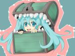  1girl aqua_eyes aqua_hair aqua_nails hatsune_miku long_hair looking_at_viewer mimic mimic_chest nail_polish open_mouth pun sharp_teeth solo teeth tongue tongue_out treasure_chest twintails uzu_(wz) vocaloid 