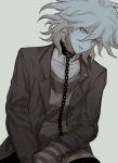  1boy ai_(meira32373165) bangs black_jacket chain chained collar collarbone dangan_ronpa_(series) dangan_ronpa_another_episode:_ultra_despair_girls grey_background grey_hair highres jacket komaeda_nagito long_sleeves looking_at_viewer male_focus medium_hair messy_hair metal_collar official_alternate_costume open_clothes open_jacket open_mouth pants shirt simple_background sitting smile solo striped striped_shirt upper_teeth 