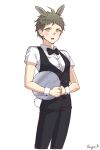  1boy ahoge alternate_costume animal_ears artist_name bangs black_pants blush bow bowtie brown_hair bunny_tail commentary_request dangan_ronpa_(series) green_eyes grey_background hinata_hajime looking_at_viewer lower_teeth male_focus open_mouth pants rabbit_boy rabbit_ears shirt short_hair simple_background solo songmil tail vest white_background wrist_cuffs 