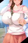  1girl adjusting_hair bare_shoulders between_breasts blue_shirt blue_sky blurry blurry_background blush breasts brown_hair closed_mouth commentary_request hachikomanga head_out_of_frame highres holding_hands huge_breasts mature medium_hair original outdoors pleated_skirt red_skirt shirt skirt sky smile strap white_shirt 