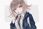  1girl :o bangs black_jacket breasts collared_shirt commentary_request dangan_ronpa_(series) dangan_ronpa_2:_goodbye_despair dress_shirt eyebrows_visible_through_hair flipped_hair hair_ornament hairclip highres holding_strap hood jacket light_brown_hair long_sleeves looking_at_viewer medium_breasts medium_hair nanami_chiaki neck_ribbon open_clothes open_jacket open_mouth pink_eyes ribbon shirt solo upper_body white_shirt ze_ro_saiji 