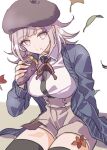  1girl :t alternate_costume bangs black_legwear black_shirt breasts brown_headwear brown_shorts commentary_request dangan_ronpa_(series) dangan_ronpa_2:_goodbye_despair dress_shirt eating falling_leaves food food_on_face hair_ornament hat highres holding holding_food jacket kayada_(kyd_kxh) large_breasts leaf long_sleeves looking_at_viewer medium_hair nanami_chiaki necktie open_clothes open_jacket pink_eyes red_neckwear shirt shirt_tucked_in shorts sitting solo thigh-highs two-tone_shirt white_shirt 