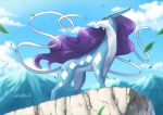  blurry clouds commentary_request day enishi_(menkura-rin10) from_below gen_2_pokemon highres leaves_in_wind legendary_pokemon looking_back mountainous_horizon no_humans outdoors pokemon pokemon_(creature) signature sky solo standing suicune 
