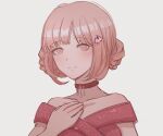  1girl ai_(meira32373165) alternate_hairstyle bangs bare_shoulders blunt_bangs brown_hair closed_mouth collar collarbone commentary_request dangan_ronpa_(series) dangan_ronpa_2:_goodbye_despair dress hair_ornament hairclip hairpin hand_on_own_chest looking_at_viewer nanami_chiaki off-shoulder_dress off_shoulder pink_collar pink_dress pink_eyes portrait shiny shiny_hair short_hair short_sleeves simple_background smile solo spaceship_hair_ornament 